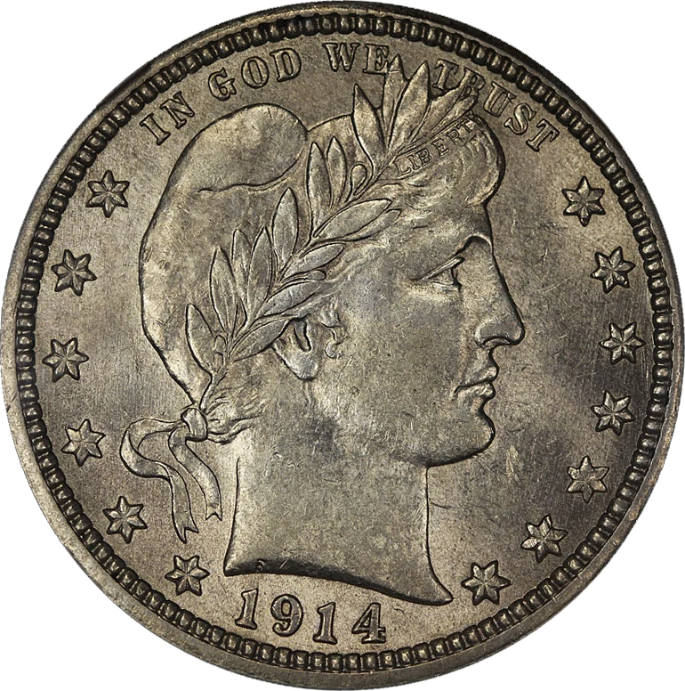 Barber Quarter obverse — 1914 Barber quarter in an AU58 grading holder, representative of 1892–1916 circulation issues; holder prongs are visible