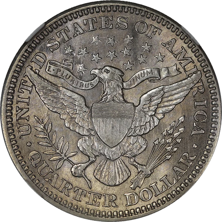 Barber Quarter reverse — 1914 Barber quarter in an AU58 grading holder, representative of 1892–1916 circulation issues; holder prongs are visible