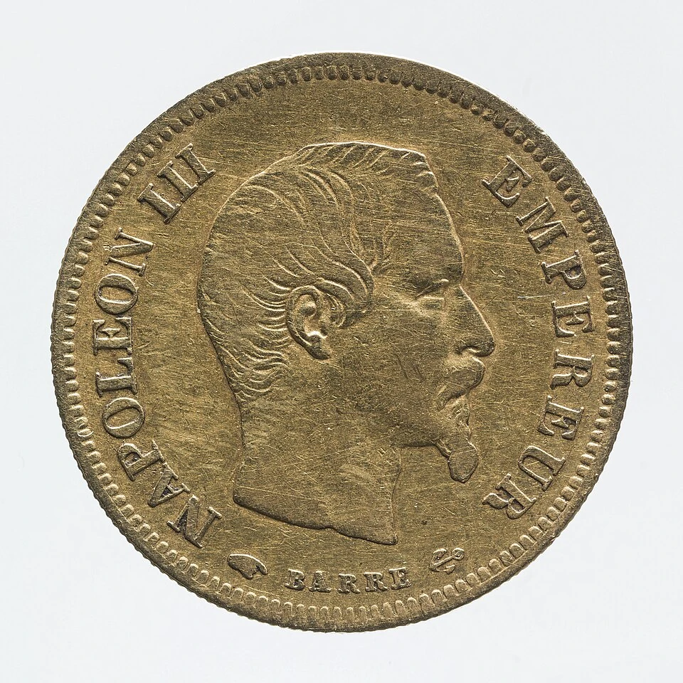 1855 Napoleon III Gold Ten Francs — Bare and Laureate Heads obverse: Bare-head Napoleon III portrait