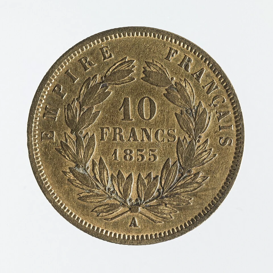 1855 Napoleon III Gold Ten Francs — Bare and Laureate Heads reverse: 10FRANCS,1855 andParisA
