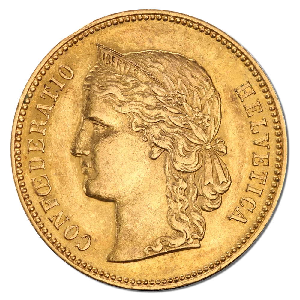 Swiss Libertas Helvetia Gold 20 Francs obverse — 1896 Libertas/Helvetia twenty francs. Assign sides from the actual portrait and shield, not the contradictory English source captions.