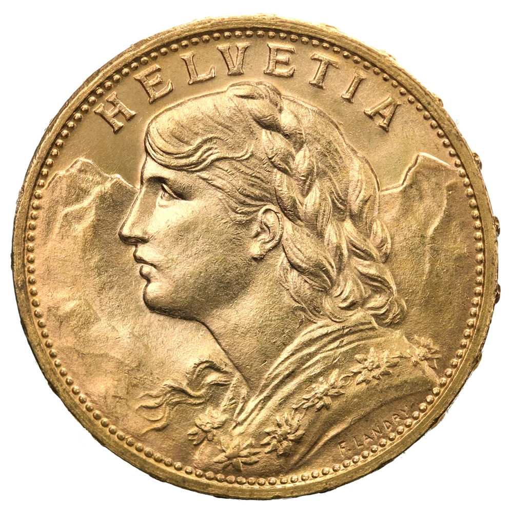Swiss Vreneli Gold 20 Francs obverse — 1916 Vreneli twenty francs; mountain portrait and shield/oak reverse. Each side retains its own credited corporate photograph creator.