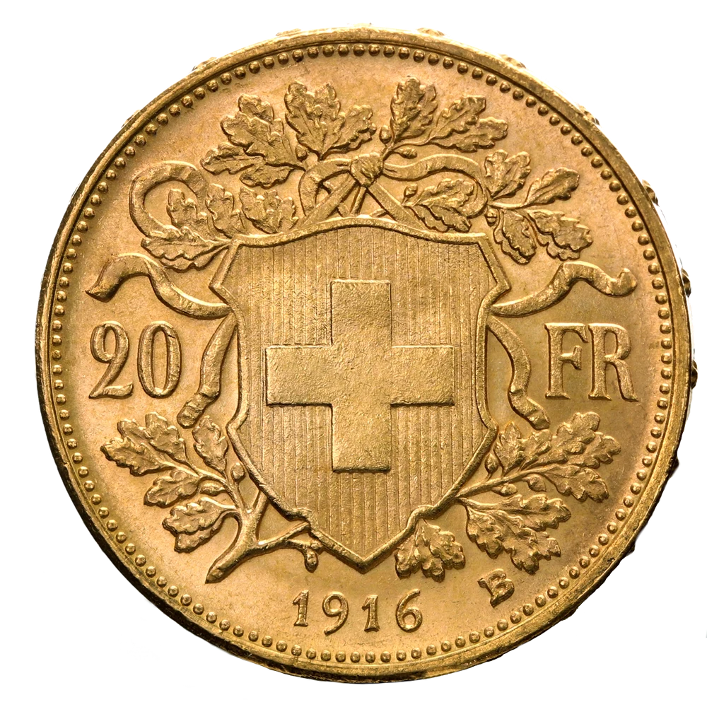 Swiss Vreneli Gold 20 Francs reverse — 1916 Vreneli twenty francs; mountain portrait and shield/oak reverse. Each side retains its own credited corporate photograph creator.