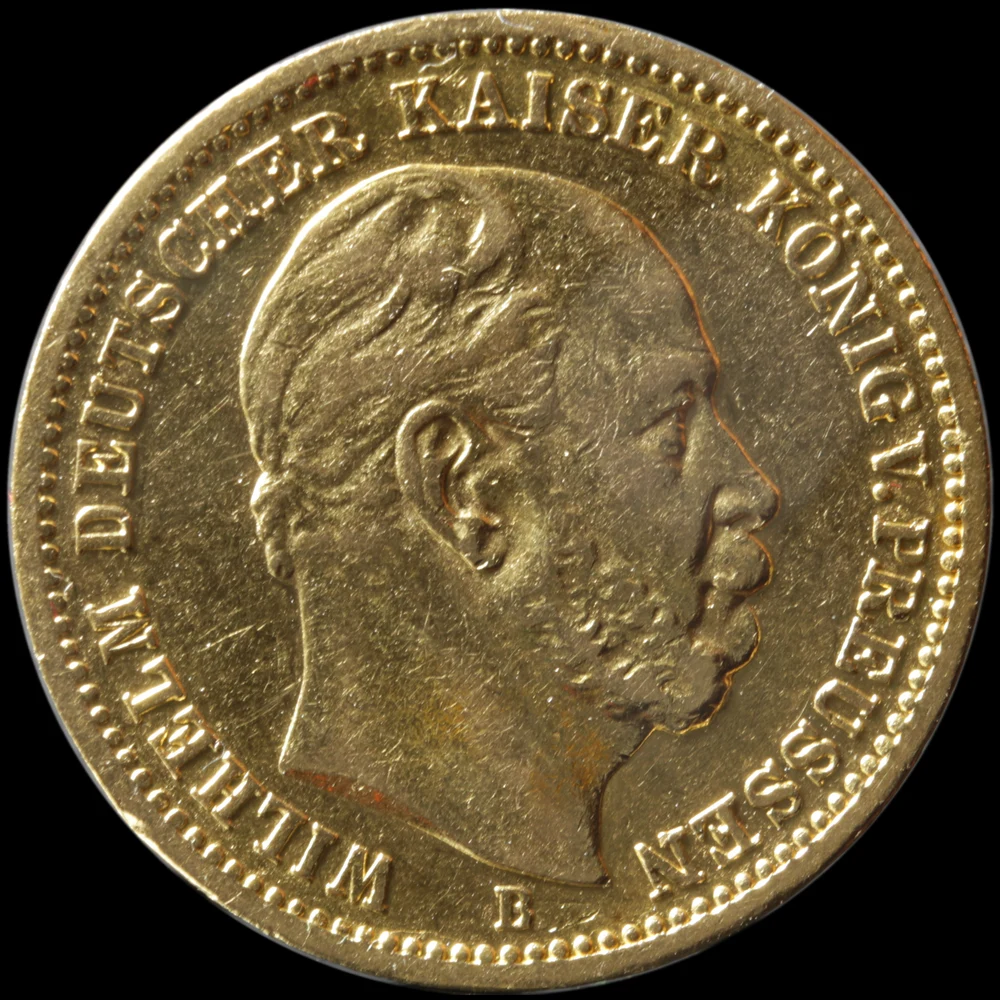 Prussian Gold 20 Mark obverse: 1873-B Wilhelm I portrait right