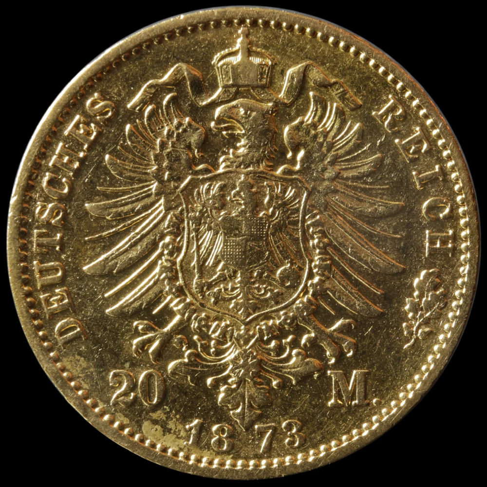 Prussian Gold 20 Mark reverse: 1873 crowned imperial eagle with 20 M