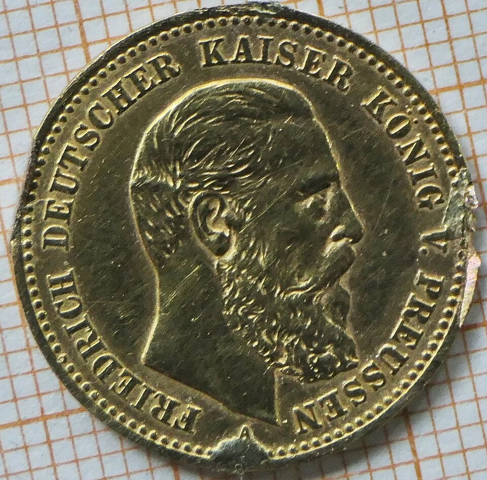 1888 Prussian Gold Ten Marks — Actual 1872–1912 Issues obverse — Friedrich III portrait and Berlin A mintmark