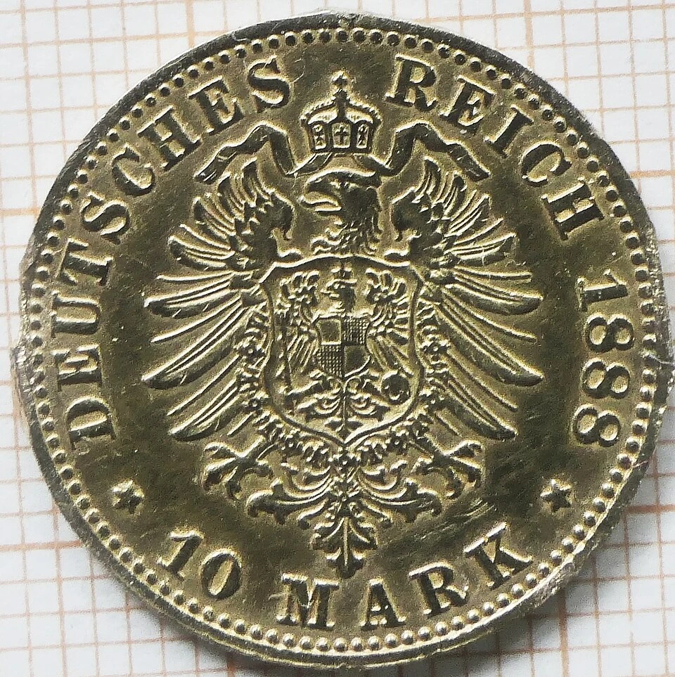 1888 Prussian Gold Ten Marks — Actual 1872–1912 Issues reverse — imperial eagle,1888 date and10 MARK