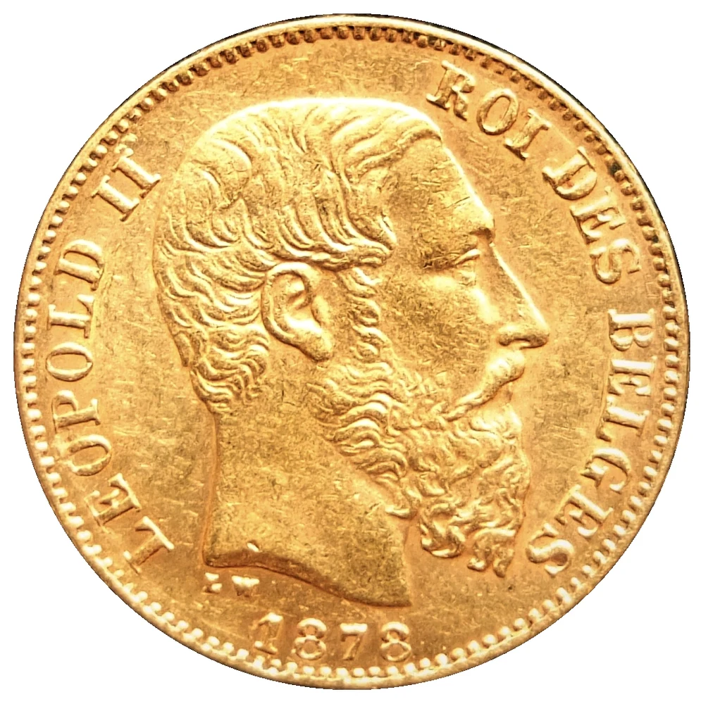 Leopold II Belgian Gold 20 Francs obverse — 1878 Belgian twenty francs, Leopold II portrait and crowned shield. Source specimen mass is not substituted for the nominal standard; Leopold Wiener is the coin artist, not the photographer.