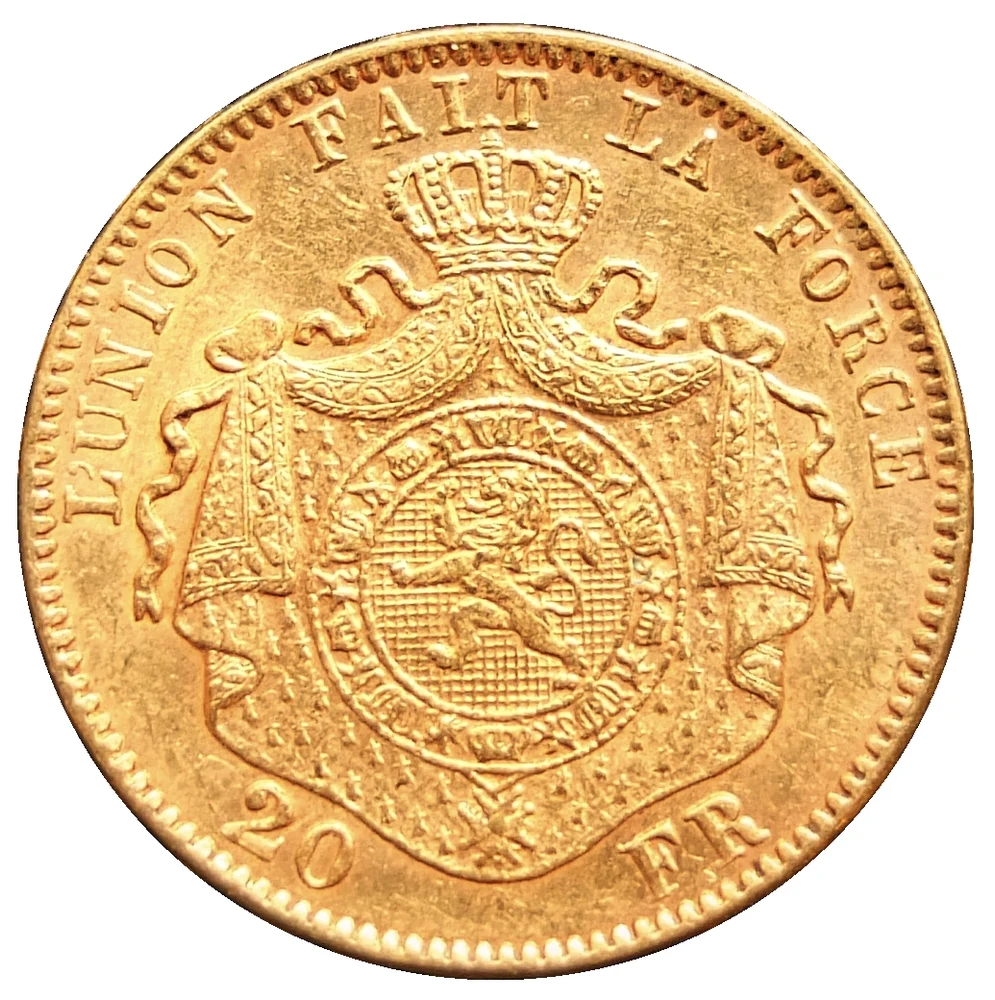 Leopold II Belgian Gold 20 Francs reverse — 1878 Belgian twenty francs, Leopold II portrait and crowned shield. Source specimen mass is not substituted for the nominal standard; Leopold Wiener is the coin artist, not the photographer.
