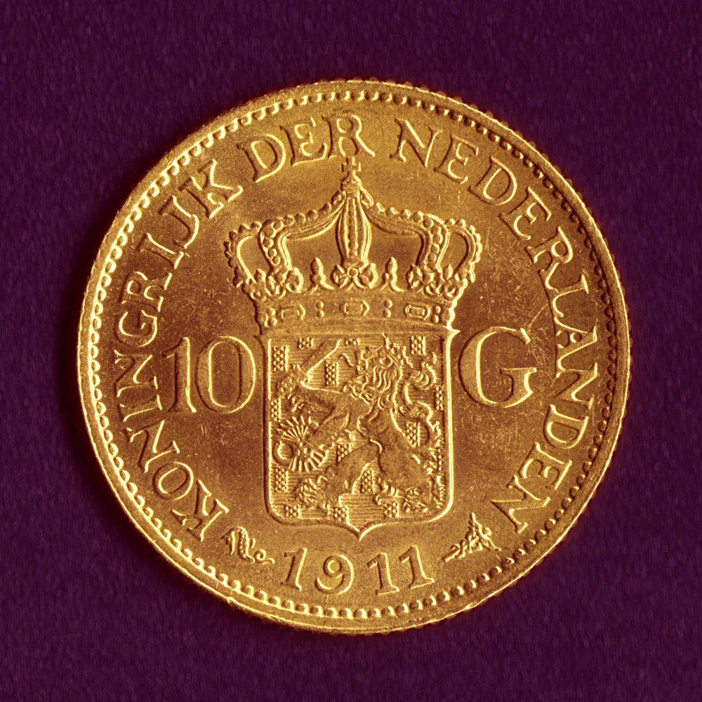 Wilhelmina Dutch Gold 10 Gulden reverse: 1911 crowned Dutch lion arms with 10 G
