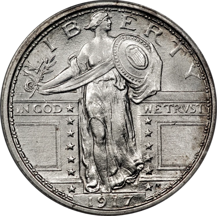 Standing Liberty Quarter obverse — 1917 Type 1 Standing Liberty quarter; other original silver dates/design subtypes are described separately