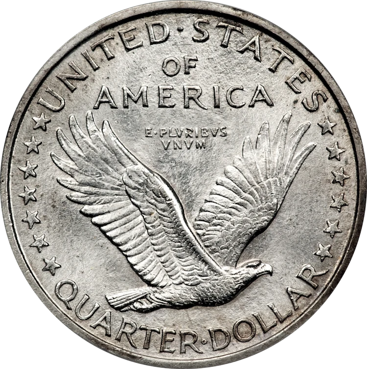 Standing Liberty Quarter reverse — 1917 Type 1 Standing Liberty quarter; other original silver dates/design subtypes are described separately