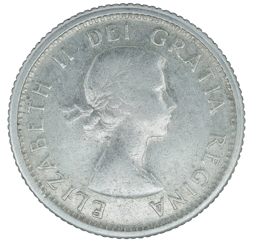 Canadian Dime — 80% Silver obverse — 1955 Canadian ten cents, Elizabeth II and Bluenose. Source photograph is focus-stacked with background removed; coin design has not been replaced.