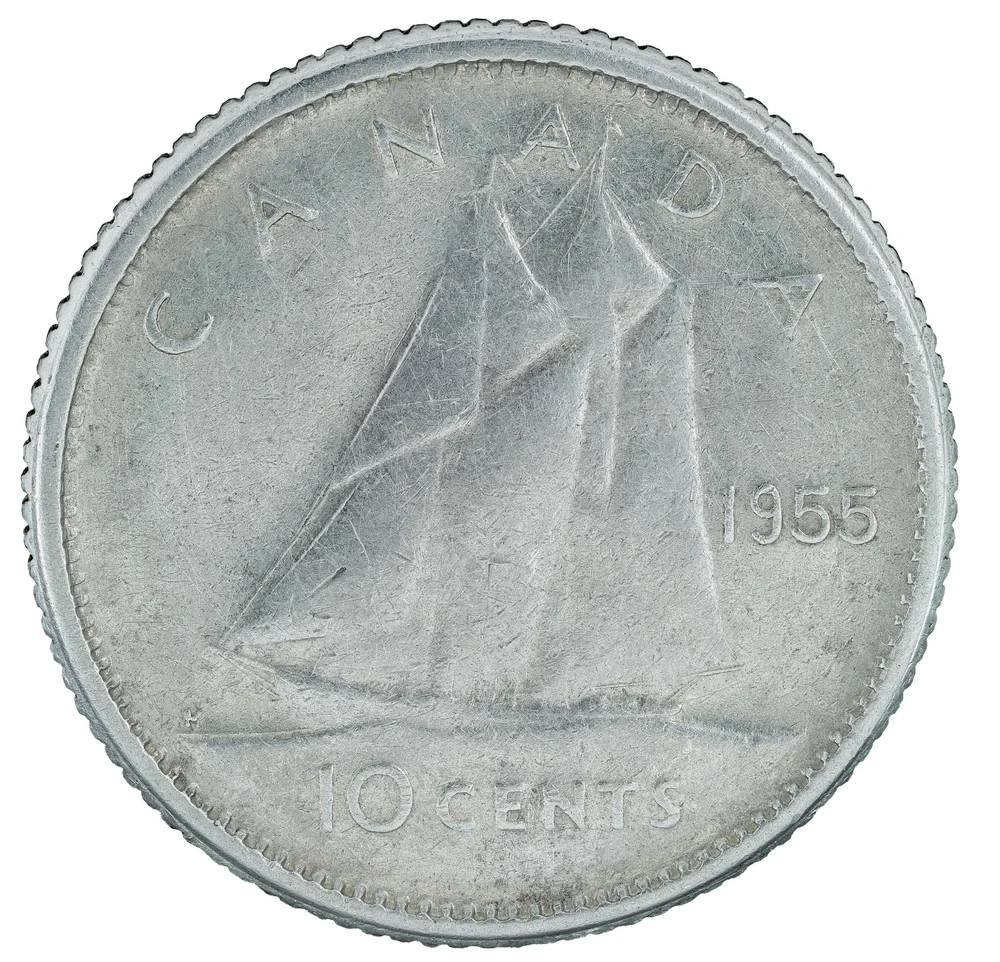 Canadian Dime — 80% Silver reverse — 1955 Canadian ten cents, Elizabeth II and Bluenose. Source photograph is focus-stacked with background removed; coin design has not been replaced.