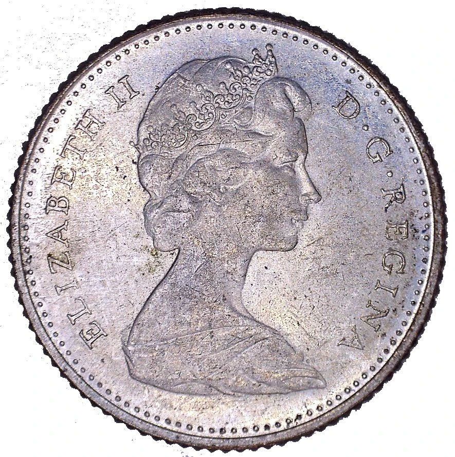 1968 Canadian Half-Silver Dime obverse: Elizabeth II portrait