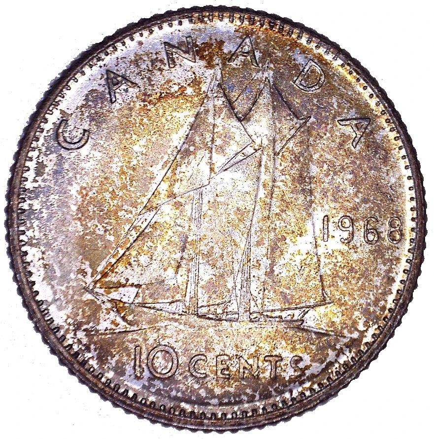 1968 Canadian Half-Silver Dime reverse: Bluenose, 10 CENTS and 1968