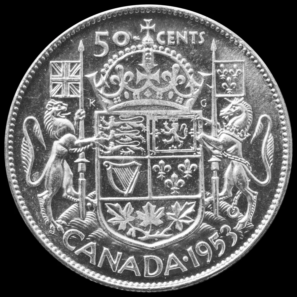 Canadian Half Dollar — .800 Silver reverse: 1953 arms with supporters and 50 CENTS
