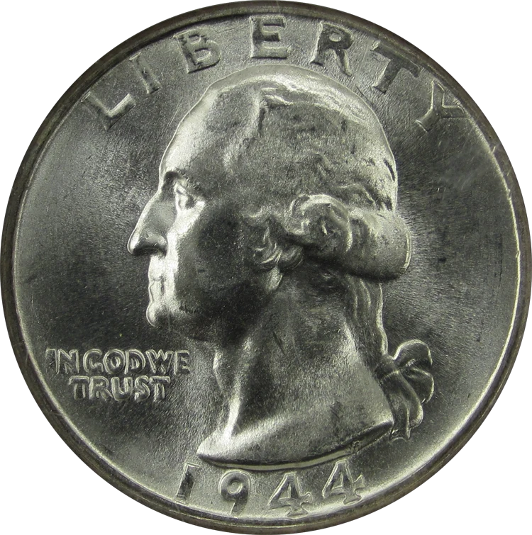 Washington Quarter — 1932–1964 Silver obverse — 1944-S Washington quarter, representative of 1932–1964 90% silver circulation issues