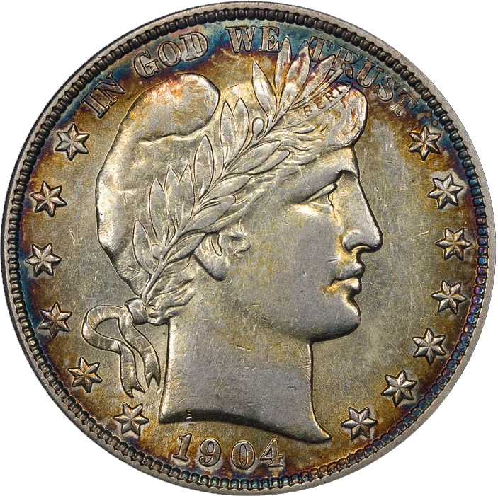 Barber Half Dollar obverse — 1904 Barber half dollar in a PCGS CAC AU50 holder; holder prongs are not coin features and no grade is assigned to other coins