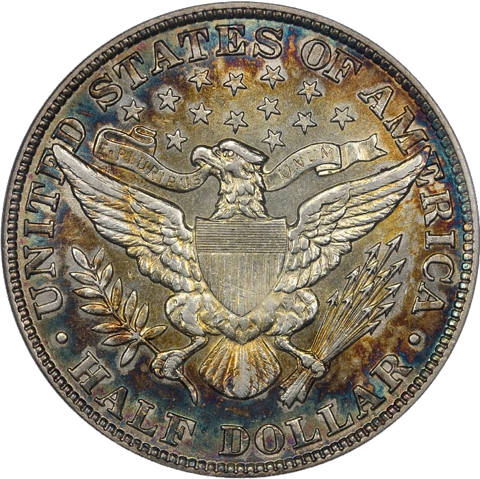 Barber Half Dollar reverse — 1904 Barber half dollar in a PCGS CAC AU50 holder; holder prongs are not coin features and no grade is assigned to other coins