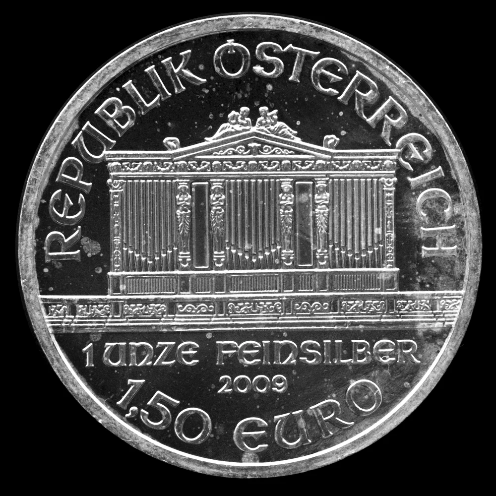 Austrian Silver Philharmonic, One Ounce obverse: 2009 organ, 1.50 EURO and 1 UNZE FEINSILBER