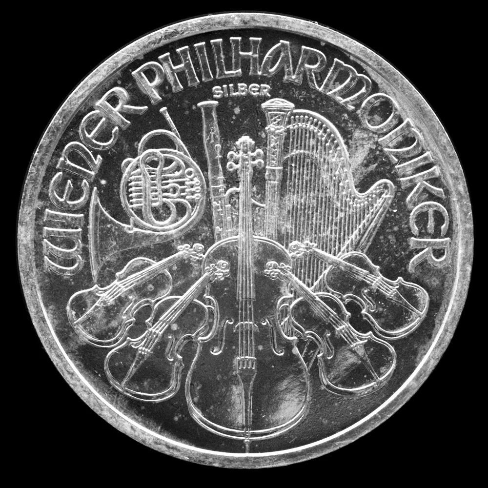 Austrian Silver Philharmonic, One Ounce reverse: orchestral instruments, WIENER PHILHARMONIKER and SILBER