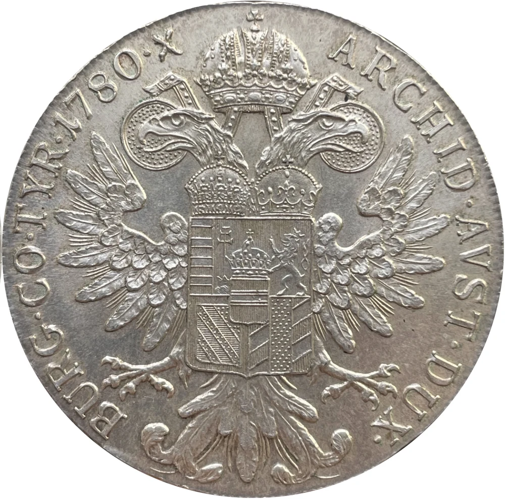 Maria Theresa Silver Thaler Restrike reverse: 1780 double-headed eagle and shields