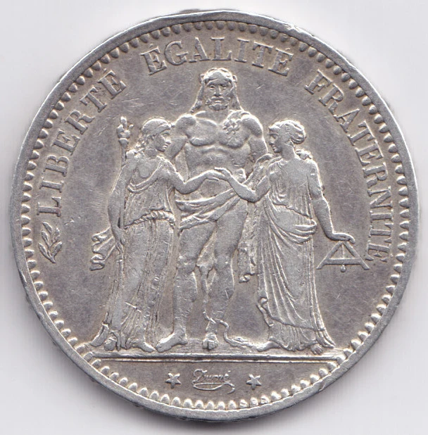 French Hercules Five Francs — Third Republic Silver obverse: Hercules group and LIBERTE EGALITE FRATERNITE