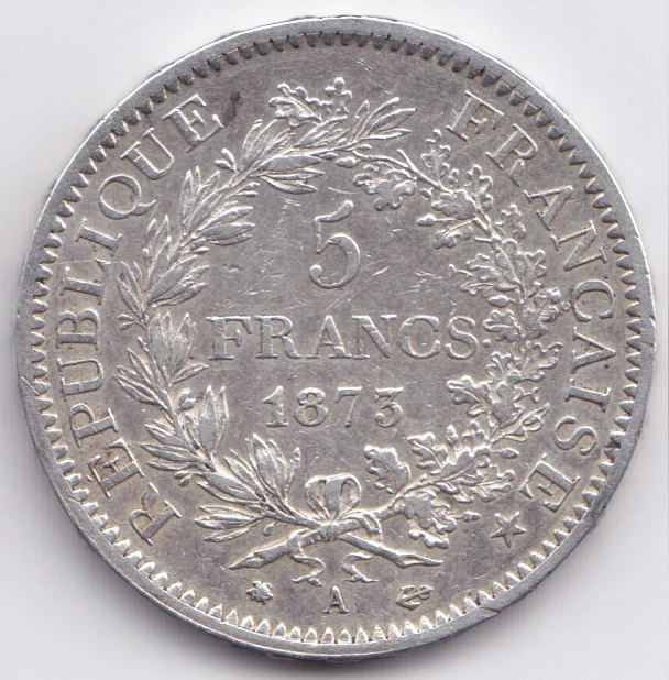 French Hercules Five Francs — Third Republic Silver reverse: 1873-A 5 FRANCS within wreath