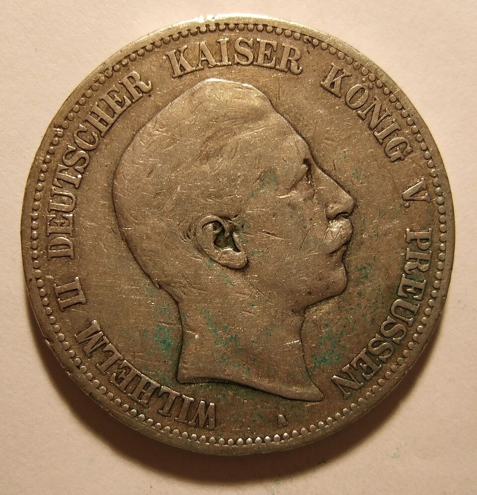1900 German Empire Silver Five Mark — State Types and Actual Issue Years obverse: Wilhelm II portrait and A mintmark