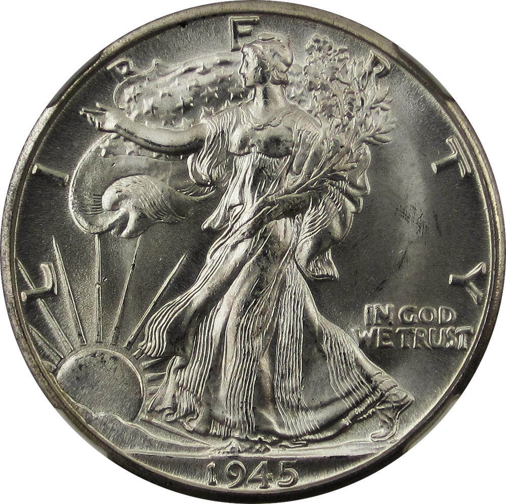 Walking Liberty Half Dollar obverse — 1945-D Walking Liberty half dollar, representative of original 1916–1947 circulation issues