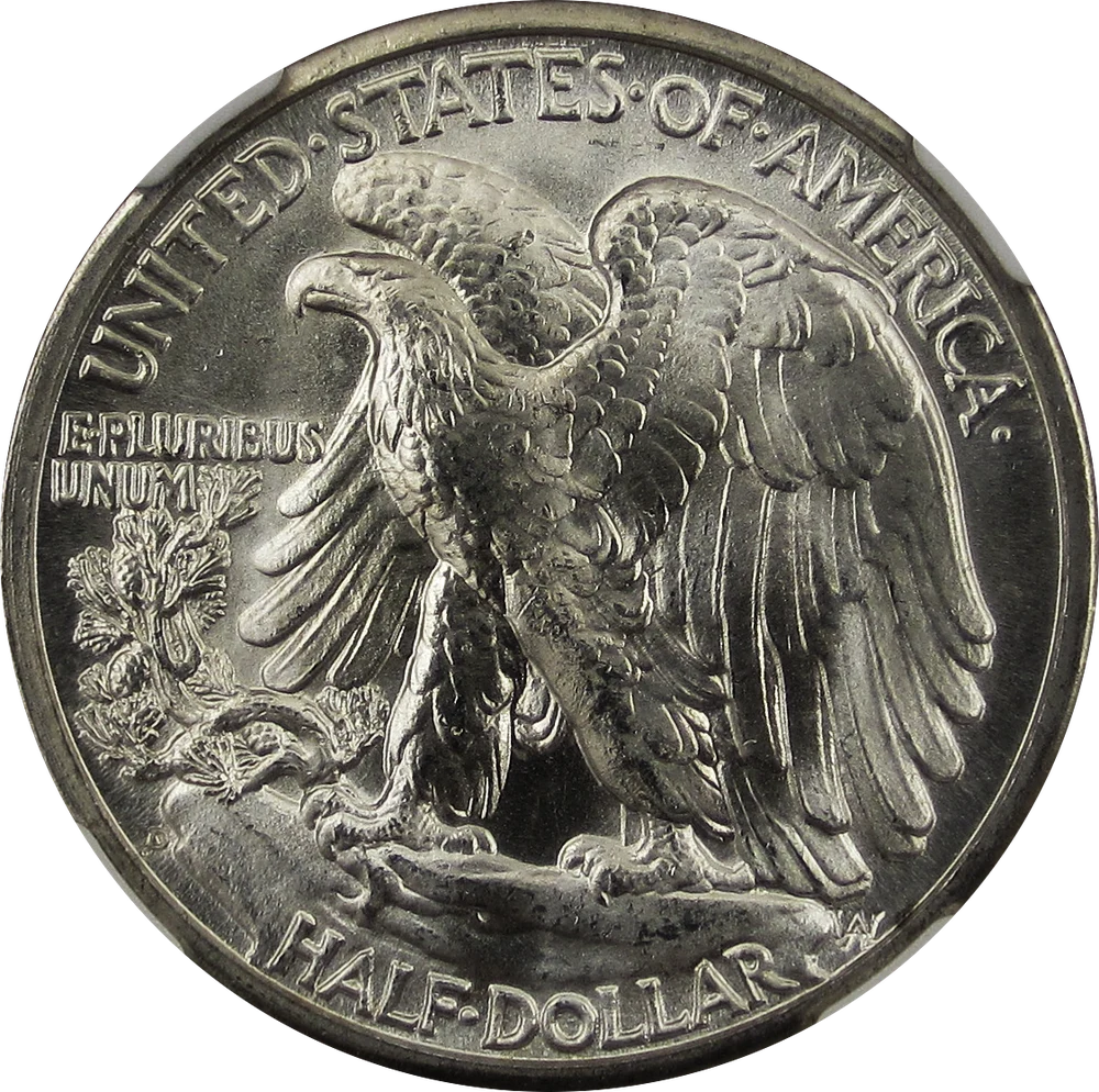 Walking Liberty Half Dollar reverse — 1945-D Walking Liberty half dollar, representative of original 1916–1947 circulation issues