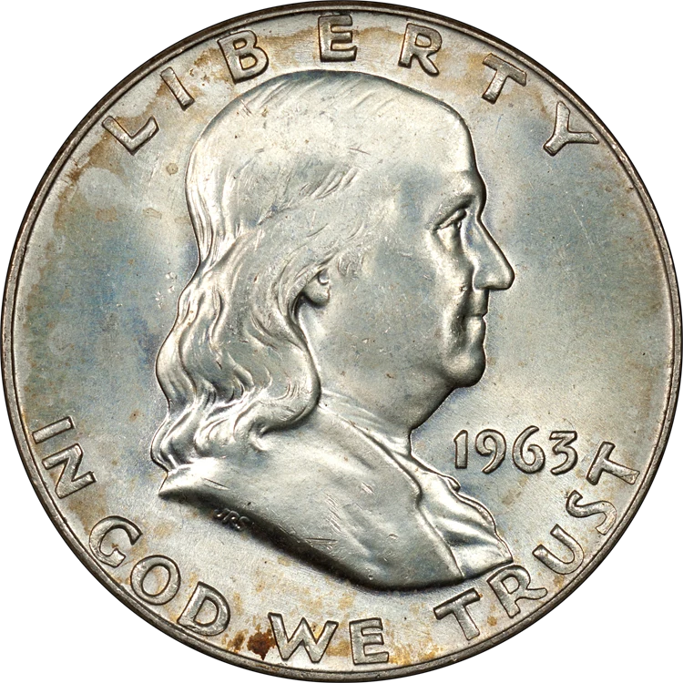 Franklin Half Dollar obverse — 1963-D Franklin half dollar, representative of 1948–1963 original silver issues