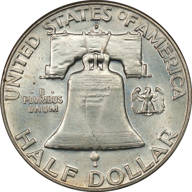 Franklin Half Dollar reverse — 1963-D Franklin half dollar, representative of 1948–1963 original silver issues