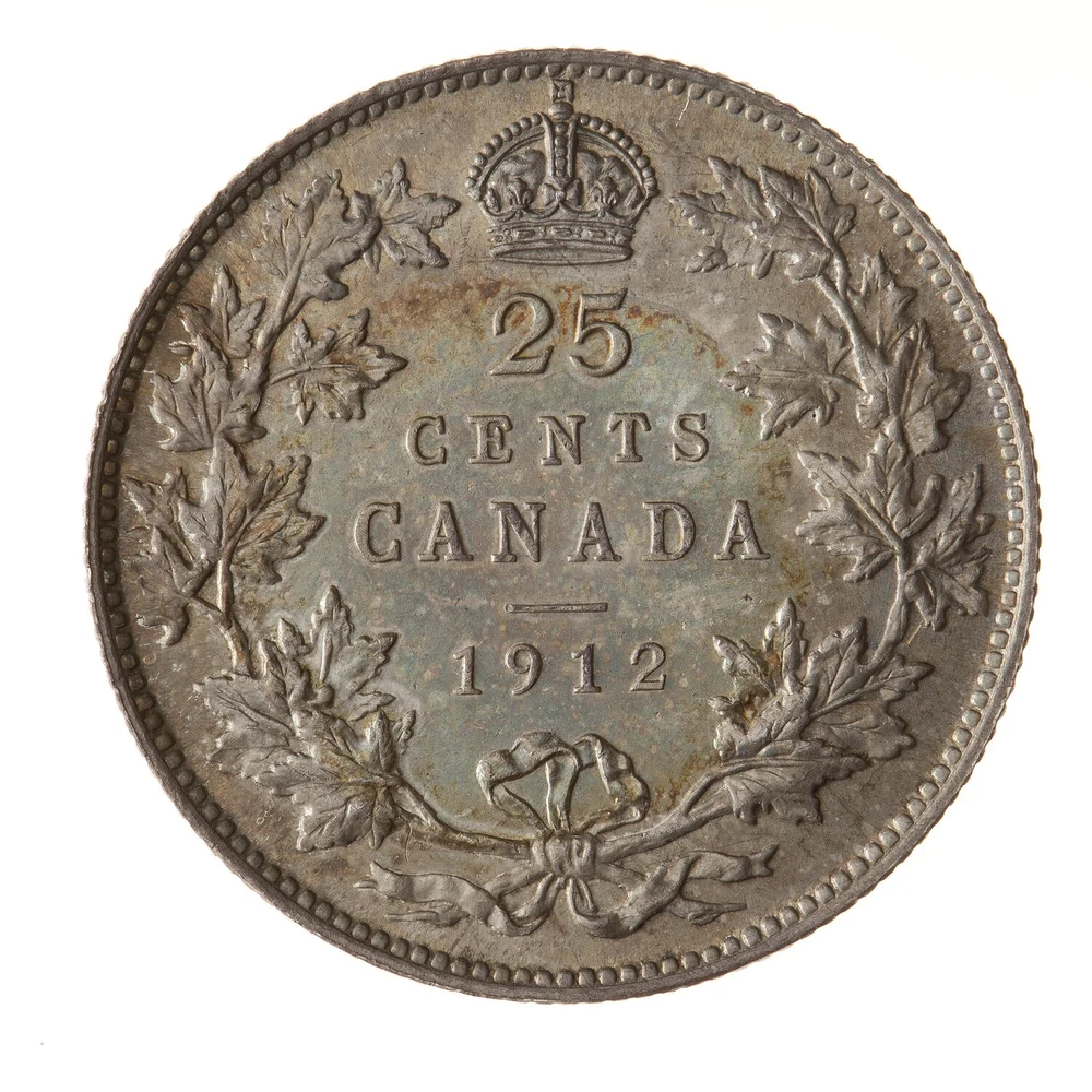 1912 Canadian sterling quarter reverse - 25 CENTS, CANADA and 1912 inside maple branches