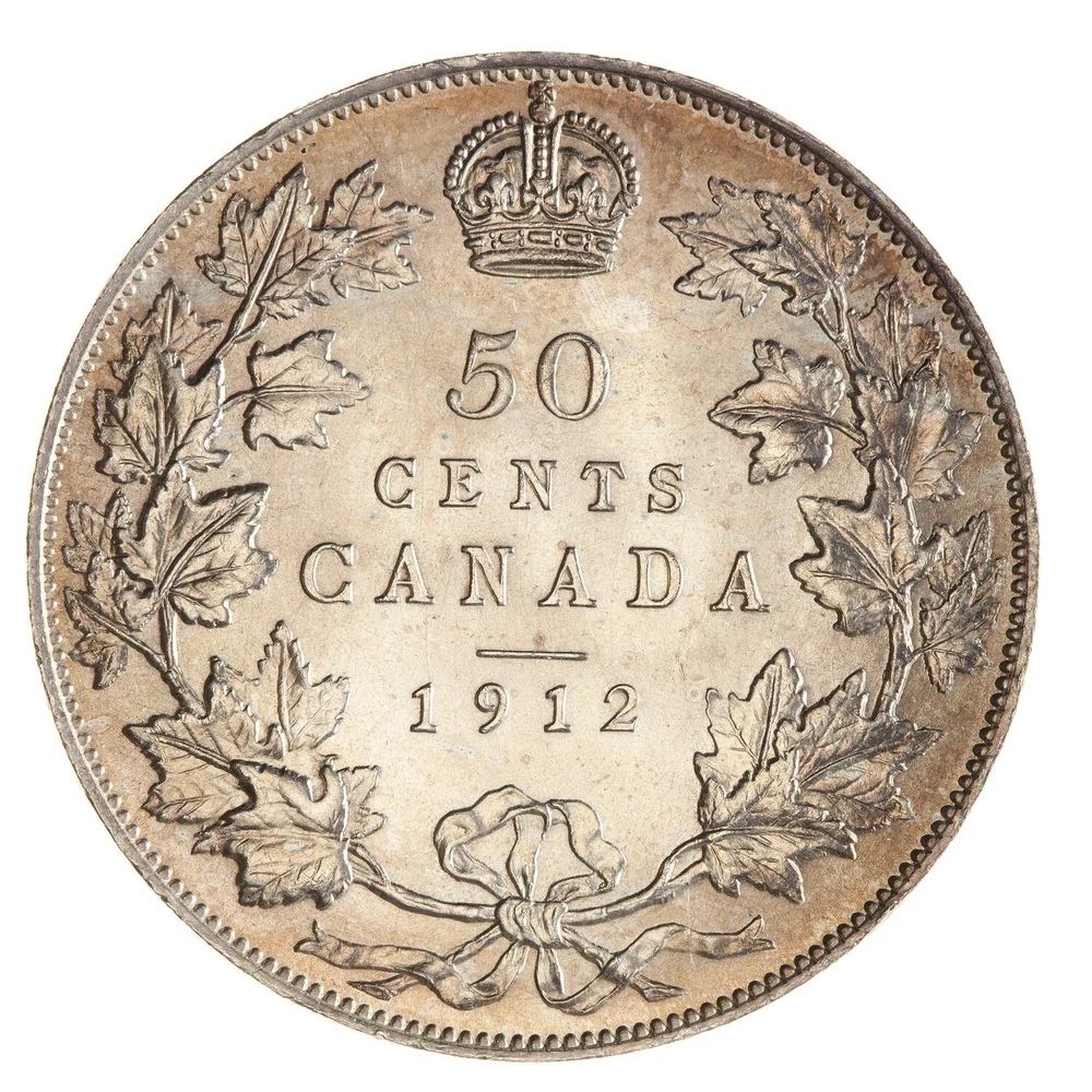 1912 Canadian sterling half-dollar specimen reverse - 50 CENTS, CANADA and 1912 inside maple branches