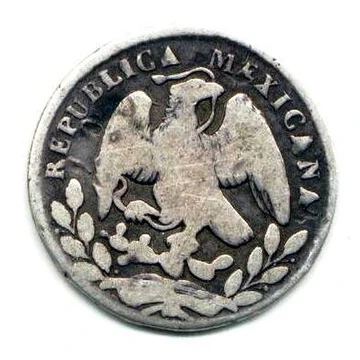 1867 Mexican silver five centavos obverse — Mexican national arms and REPUBLICA MEXICANA legend