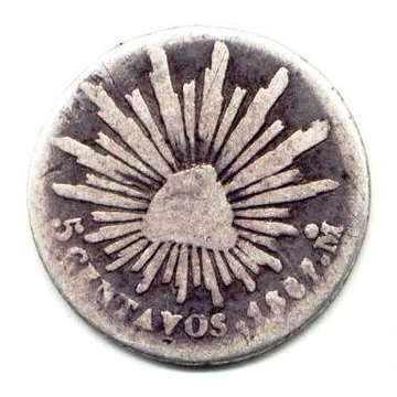 1867 Mexican silver five centavos reverse — radiant Liberty cap, five-centavo value and1867 date