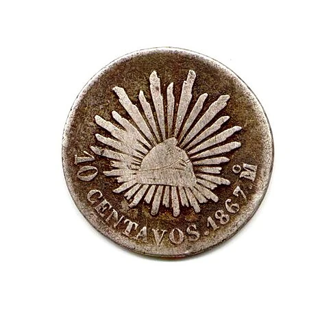 1867 Mexican Historical .903 Silver 10 Centavos reverse: Radiant Liberty cap, 10 CENTAVOS and1867