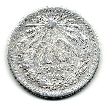 1909 Mexican silver 10 centavos reverse — value, date, Liberty cap, rays and wreath