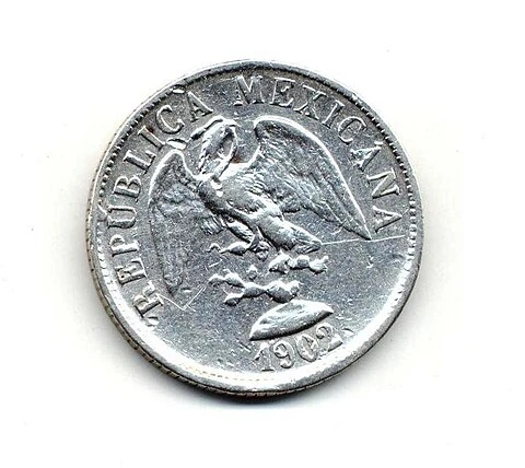 1902 Mexican Historical .903 Silver Twenty Centavos obverse: Republican eagle, REPUBLICA MEXICANA and 1902
