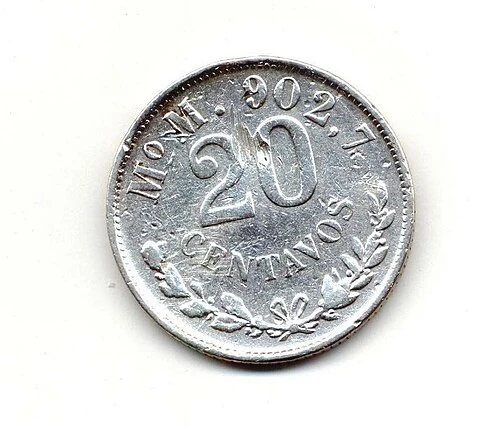 1902 Mexican Historical .903 Silver Twenty Centavos reverse: 20 CENTAVOS, Mo M and .9027 inscription