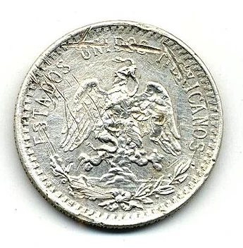 1919 Mexican silver 20 centavos obverse — national arms and ESTADOS UNIDOS MEXICANOS legend