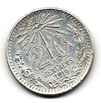1919 Mexican silver 20 centavos reverse — value, date, Liberty cap, rays and wreath