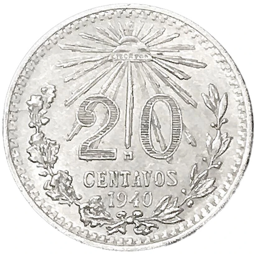 1940 Mexican .720 Silver Twenty Centavos reverse: Liberty cap, 20 CENTAVOS and 1940
