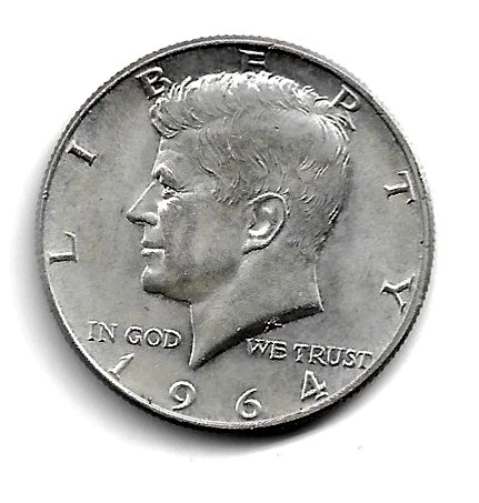 1964 Kennedy Half Dollar — 90% Silver obverse — 1964 Kennedy half dollar, original 90% silver composition; not later 40% silver or copper-nickel issues
