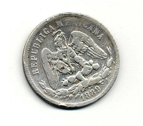 1889 Mexican Historical .903 Silver 25 Centavos obverse: Republican eagle and 1889