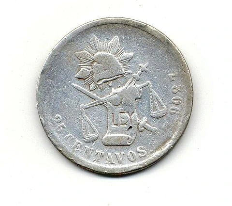 1889 Mexican Historical .903 Silver 25 Centavos reverse: Liberty cap, scales, 25 CENTAVOS and Zs