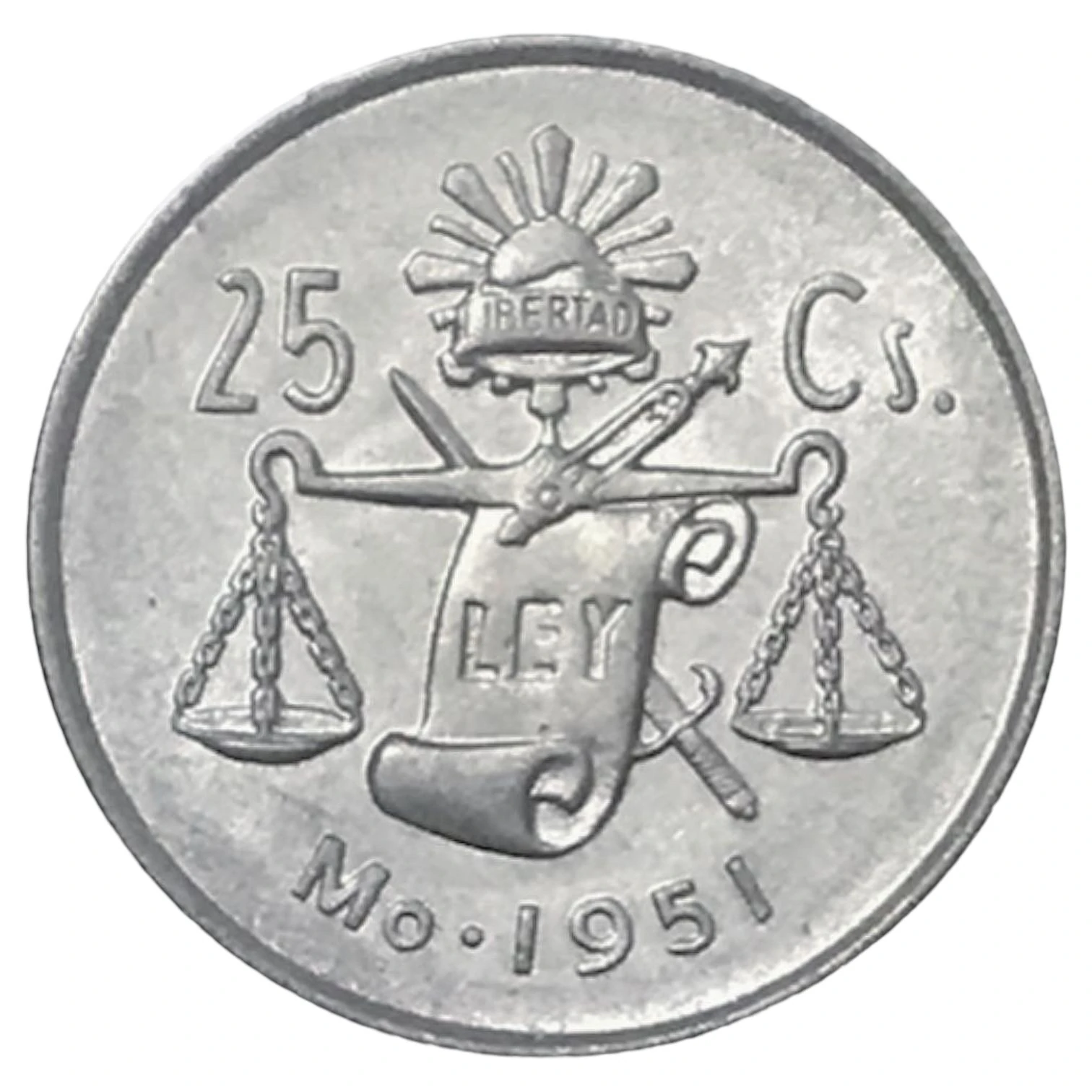 1951 Mexican .300 Silver Twenty-Five Centavos reverse: Scales, 25 CS and 1951