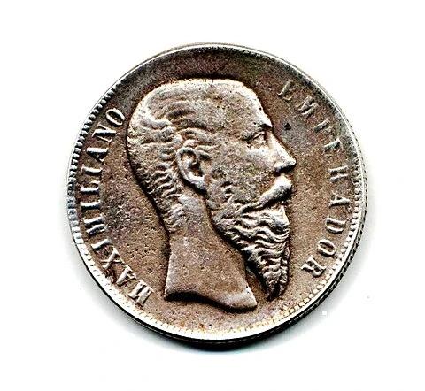 1866 Mexican Historical .903 Silver 50 Centavos obverse: Maximilian portrait and MAXIMILIANO EMPERADOR